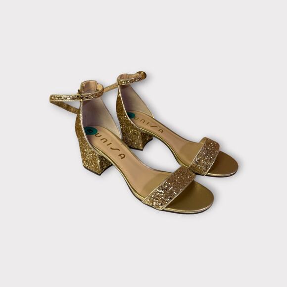 Unisa Women's Gold Glitter Block Heel Sandals Size 8M | Ankle Strap - Picture 3 of 5